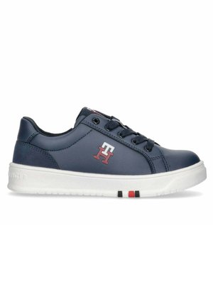 Navy blue synthetic sneakers with white sole, featuring tonal stitching, lace-up closure, and a logo detail on the side.