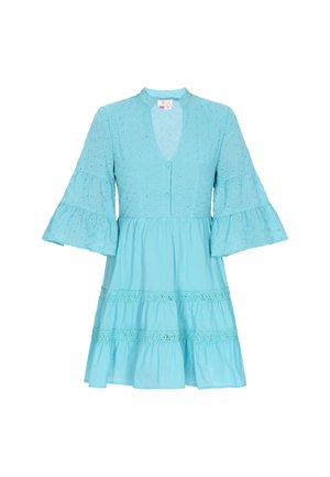Svetlo modra obleka z V-izrezom in gumbi. Dolgi razširjeni rokavi, večplastna krila in vezeni detajli.