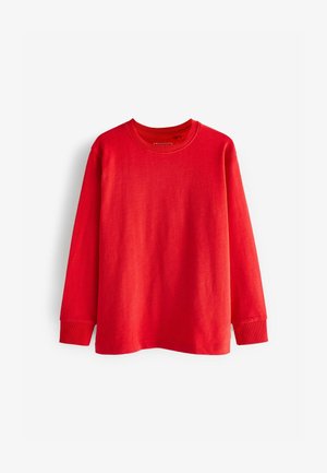 T-shirt rossa a maniche lunghe in cotone. Presenta un collo tondo, polsini a coste e una texture liscia. Design semplice senza fantasie.