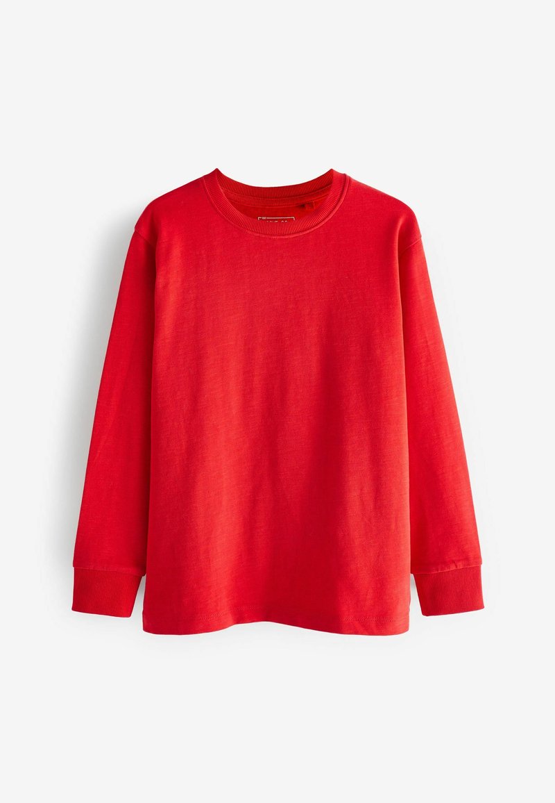Camiseta de manga larga roja hecha de algodón. Presenta un cuello redondo, puños acanalados y una textura suave. Diseño sencillo sin patrones.