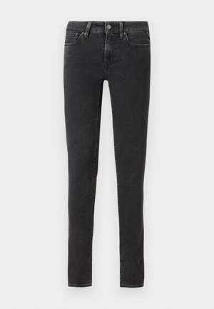 Jeans skinny negri cu un design clasic cu cinci buzunare, având un sistem de închidere cu buton în față și o ușoară decolorare pentru textură.
