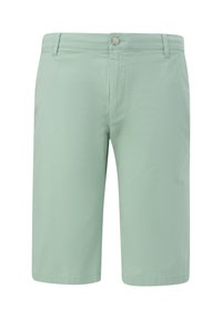 Shorts vert clair en tissu doux, avec une fermeture à bouton, des passants de ceinture, des poches latérales et une coupe droite.