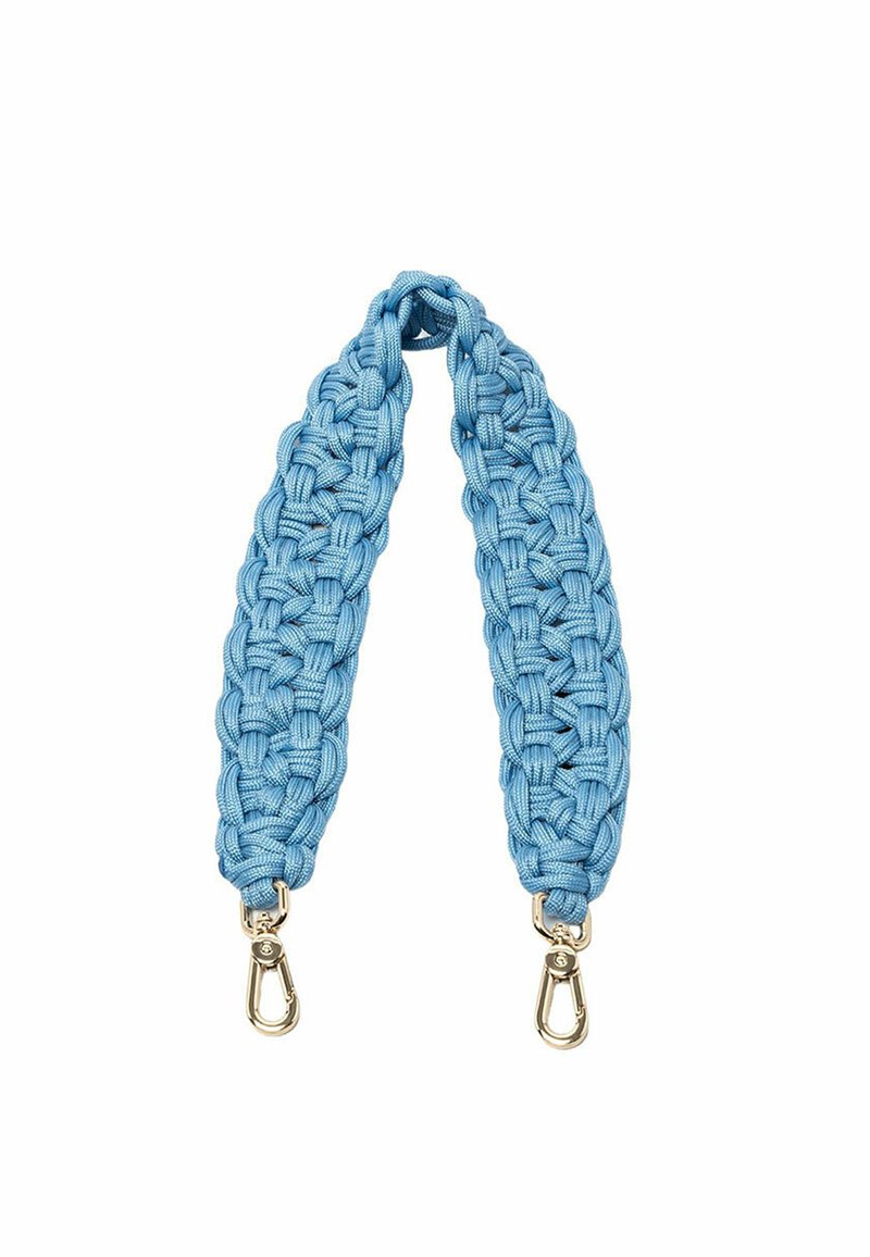 Blauwe gevlochten band gemaakt van duurzaam textiel, met glanzende gouden metalen clips aan beide uiteinden voor bevestiging. Textuurontwerp verbetert de grip.