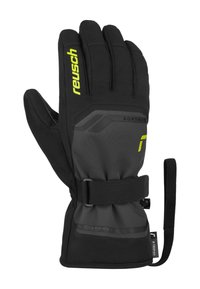 Schwarze Winterhandschuhe mit einem Softshell-Außenmaterial, wasserdichten Eigenschaften, verstellbarem Handgelenkriemen und leuchtend gelber Markierung. Strukturierte Griffoberfläche.
