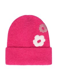 Knit pink beanie with a folded brim, featuring embroidered flowers in white and light pink. Fabric has a soft, textured finish.
