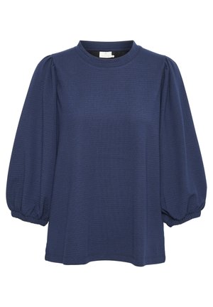 Navy blue pullover top with round neckline and balloon sleeves. Textured fabric with subtle pattern. Relaxed fit and elastic cuffs.