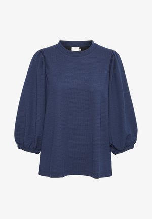 Pulover u mornarsko plavoj boji s okruglim izrezom i balonskim rukavima. Teksturirana tkanina s suptilnim uzorkom. Opusti kroj i elastični rubovi.