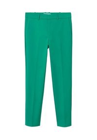 Pantalons verts fuselés en tissu lisse, avec poches avant, passants de ceinture et un design épuré et simple. Pas de motifs ou de quincaillerie visibles.