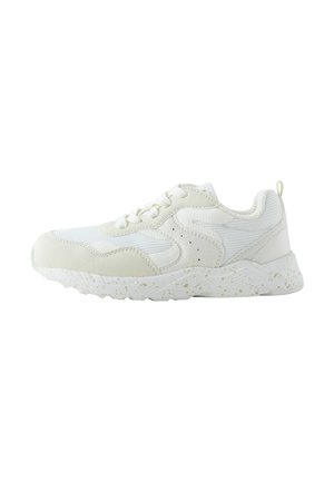 White athletic sneaker featuring a mix of mesh and suede materials, rounded shape, textured accents, and a speckled rubber sole.