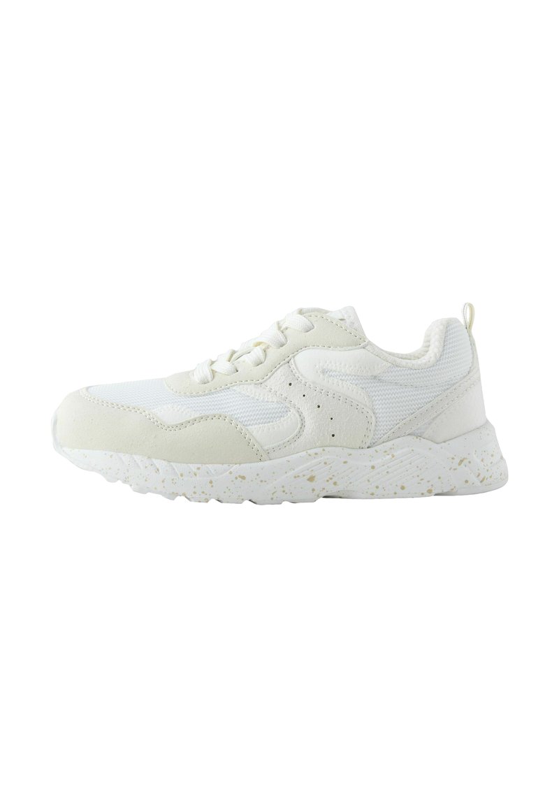 White athletic sneaker featuring a mix of mesh and suede materials, rounded shape, textured accents, and a speckled rubber sole.