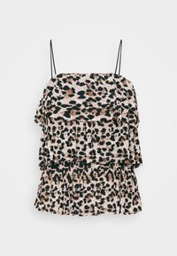 Leopardmønster topp med lagdelte volanger, laget av lett materiale. Har tynne svarte skulderstropper og en teksturert overflate.