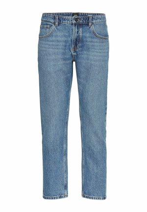 Løst siddende blå denim jeans med lige ben, fem lommer og synlig syning for ekstra detalje. Mellemhøj talje.