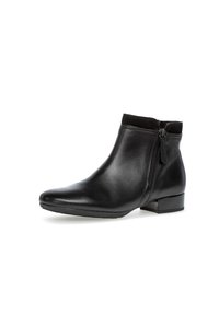 Botín negro de cuero hasta el tobillo con un acabado suave, cremallera lateral y un tacón bajo y ancho. Presenta un borde superior suave de ante.