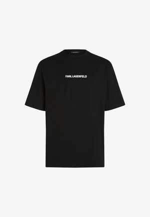 Zwart, korte mouw T-shirt van katoen, met een witte logo-opdruk "KARL LAGERFELD" aan de voorkant. Standaard ronde hals.