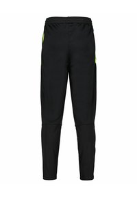 Zwarte sportbroek met een taps toelopende pasvorm, voorzien van neon groene zijkanten en een elastische tailleband voor comfort. Gladde stofstructuur.