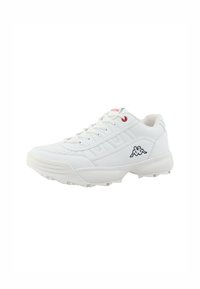 Baskets blanches avec tige en mesh et synthétique, bout rond, semelle en caoutchouc et logo Kappa bien visible sur le côté. Accents rouges sur les œillets.