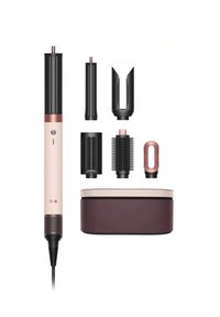 Hairstyling-Tool mit schwarzen Aufsätzen, einem pinkfarbenen Griff und einem roten Aufbewahrungsetui. Verfügt über mehrere Bürstenköpfe und einstellbare Einstellungen.