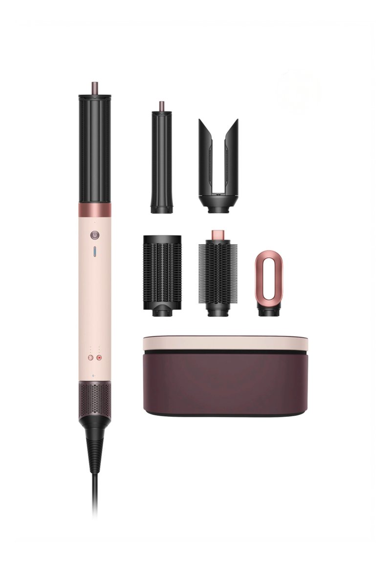 Hairstyling-Tool mit schwarzen Aufsätzen, einem pinkfarbenen Griff und einem roten Aufbewahrungsetui. Verfügt über mehrere Bürstenköpfe und einstellbare Einstellungen.