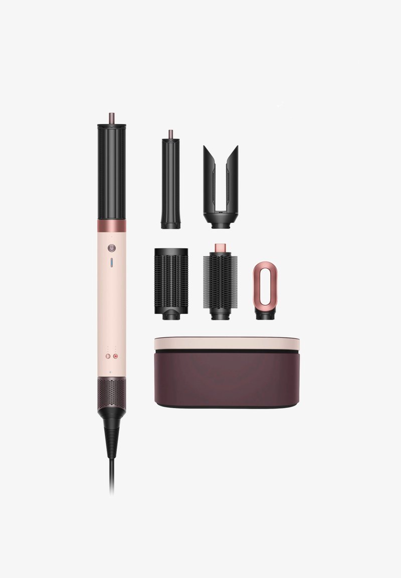 Hairstyling-Tool mit schwarzen Aufsätzen, einem pinkfarbenen Griff und einem roten Aufbewahrungsetui. Verfügt über mehrere Bürstenköpfe und einstellbare Einstellungen.