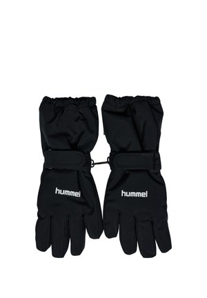 Par sorte vinterhandsker med håndledsremme og hvidt "hummel"-logo på hver handske, forbundet med en lille clips i midten.