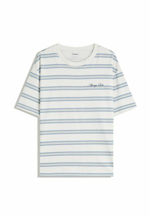 White short-sleeve T-shirt featuring light blue horizontal stripes, a round neckline, and embroidered text reading "Always Late."