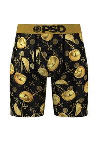 Čierne boxerky s golierom so zlatým vzorom čerešní, s pevným zlatým pásom označeným "PSD." Materiál sa zdá byť hladký a elastický.