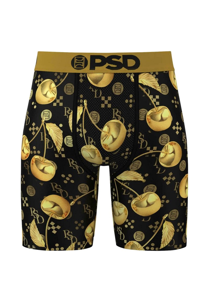 Čierne boxerky s golierom so zlatým vzorom čerešní, s pevným zlatým pásom označeným "PSD." Materiál sa zdá byť hladký a elastický.