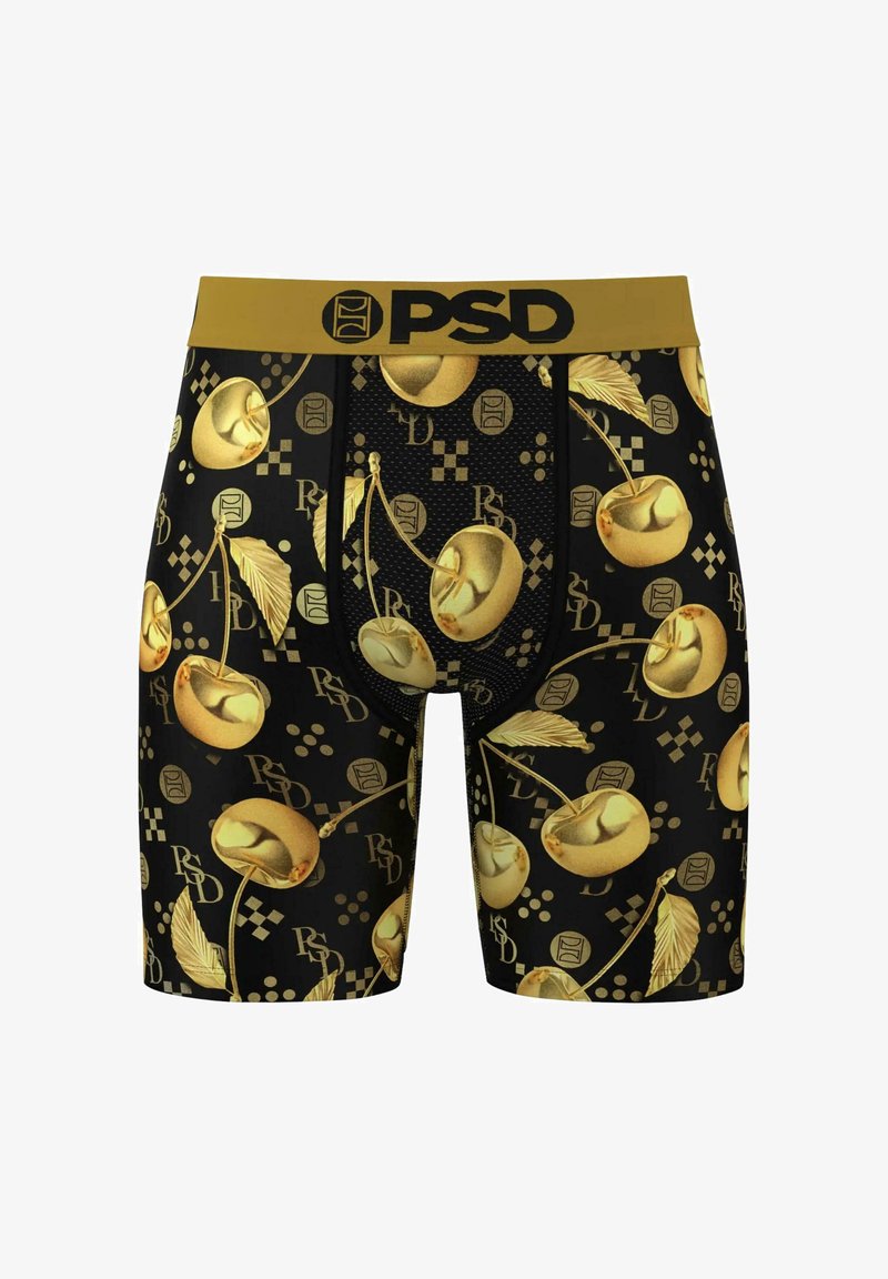 Boxeri negri, cu un model de cireșe aurii, având un brâu solid de aur marcat cu "PSD". Materialul pare a fi neted și elastic.