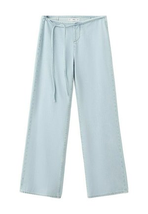 Jeans azzurri a gamba larga con coulisse in vita e cuciture classiche, distesi su uno sfondo bianco.