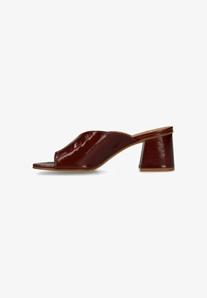 Brown patent leather open-toe mule with a wide block heel and a slip-on design.