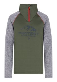 Groene pullover met een ritskraag, grijze mouwen, met een berglogo en de tekst "PROTEST OUTERWEAR" in het zwart. Gladde materiaalafwerking.