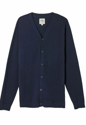 Marineblaues Cardigan mit V-Ausschnitt, Knopfleiste und langen Ärmeln. Gefertigt aus weichem Stoff mit gerippten Bündchen und Saum.