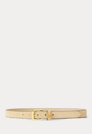 Beżowy pasek ze skóry zamszowej ze złotą klamrą i logo "RL" na pętli, pięcioma otworami do regulacji oraz gładkimi krawędziami na jednolitym tle.