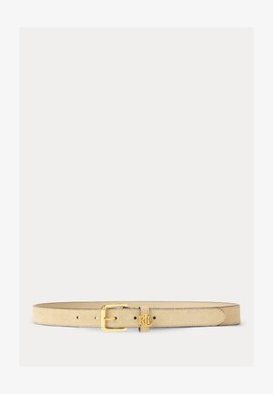 Pas bež semiš usnja z zlato zaponko in logotipom "RL" na zanki, s petimi luknjami za nastavitev ter gladkimi robovi na enobarvnem ozadju.