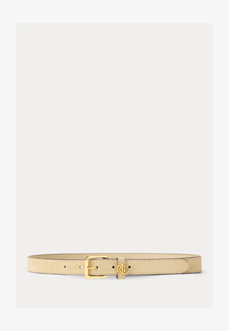 Curea din piele întoarsă bej, cu cataramă aurie și logo „RL” pe buclă, cinci găuri de reglare și margini netede pe un fundal simplu.