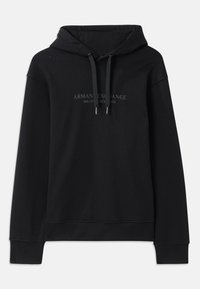 Schwarzer Hoodie aus weichem Material, mit einer verstellbaren Kapuze und gerippten Bündchen. Gesticktes Logo in dunklen Tönen auf der Vorderseite.