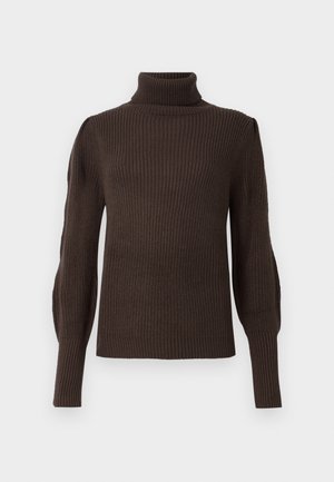 Suéter castanho com gola alta em malha canelada, apresentando mangas longas e ajustadas com ligeiro detalhe de volume. Feito de um material de malha texturizada.