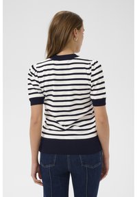 Niebiesko-białe paskowane krótko rękawowe topy dzianinowe z prążkowanym dekoltem i wykończeniem; lekko bufiaste rękawy, w luźnym kroju.