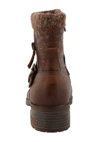 Brauner Knöchelstiefel aus strukturiertem Leder, mit gemusterten Akzenten und einem gestrickten, cuff-artigen Detail an der Oberseite. Verfügt über einen niedrigen, gerippten Absatz.