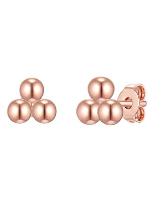 Roségold-Ohrringe mit Stecker, die aus drei polierten, sphärischen Elementen in einem dreieckigen Layout bestehen. Verschluss: Schmetterlingsverschluss. Glatte Oberfläche.