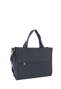 Dunkelblaue Nylon-Tasche mit strukturiertem Design, zwei oberen Tragegriffen und einem silbernen Logo. Verfügt über eine Vordertasche und ein elegantes Finish.