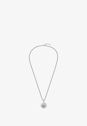 Sølvvedhæng med kædedesign, der har en rund medaljon med et geometrisk kompas mønster og en lukning med en forlængerkæde.