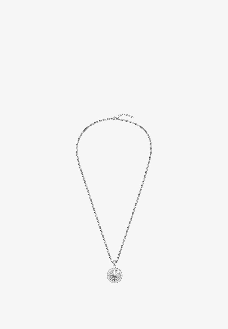 Sølvvedhæng med kædedesign, der har en rund medaljon med et geometrisk kompas mønster og en lukning med en forlængerkæde.