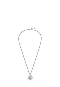 Zilveren ketting met een schakeldesign, voorzien van een ronde hanger met een geometrisch kompaspatroon en een sluiting met een verlengkettinkje.