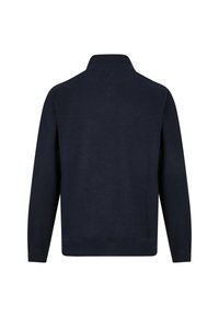 Marineblauer Pullover mit einem Stehkragen, langen Ärmeln und einem strukturierten Stoff. Verfügt über ein schlichteres Rückendesign ohne sichtbare Verschlüsse oder Muster.