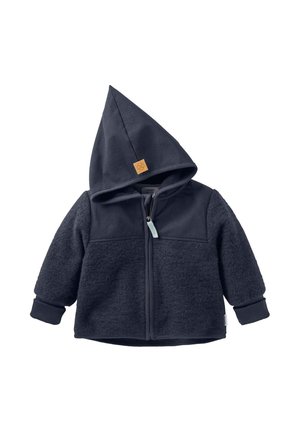Navyblaue Kinderjacke mit spitzem Kapuzen, Reißverschluss und strukturiertem Stoff auf der Vorderseite; einfarbige Ärmel mit gerippten Bündchen.