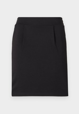 Črna krila do kolen iz gladkega materiala, s prilegajočim pasom in dvema diskretnima nabirama spredaj za dodaten detajl.