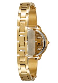 Gold metal watch with a link bracelet design, featuring a round case and clear glass dial. Marked with the brand "GUESS" on the links.