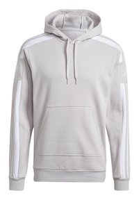 Sudadera gris claro hecha de una tela suave, con un bolsillo frontal, capucha con cordón y rayas blancas a los lados. Puños y dobladillo acanalados.
