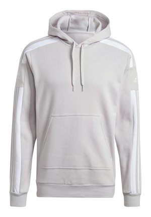 Hoodie gris clair en tissu doux, comprenant une poche sur le devant, une capuche avec cordon de serrage, et des rayures blanches sur les côtés. Bords côtes aux poignets et en bas.